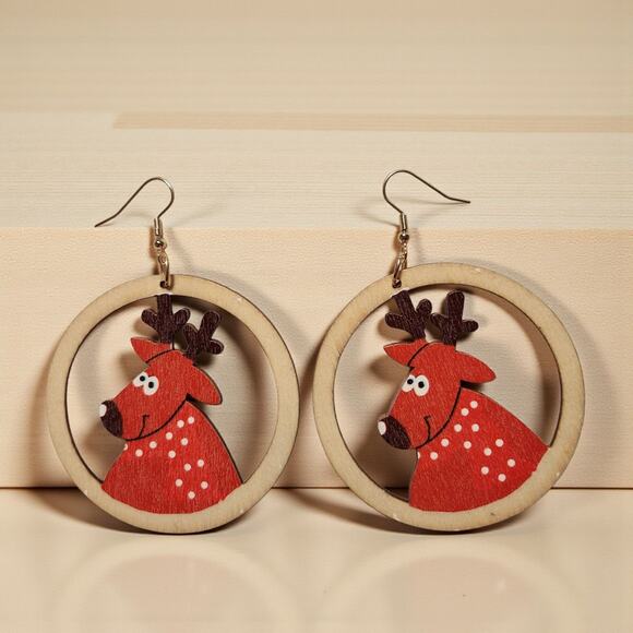 Round Wood Reindeer Christmas Earrings – Lightweight Holiday Jewelry 2.3" x 3.2" - Picture 5 of 6
